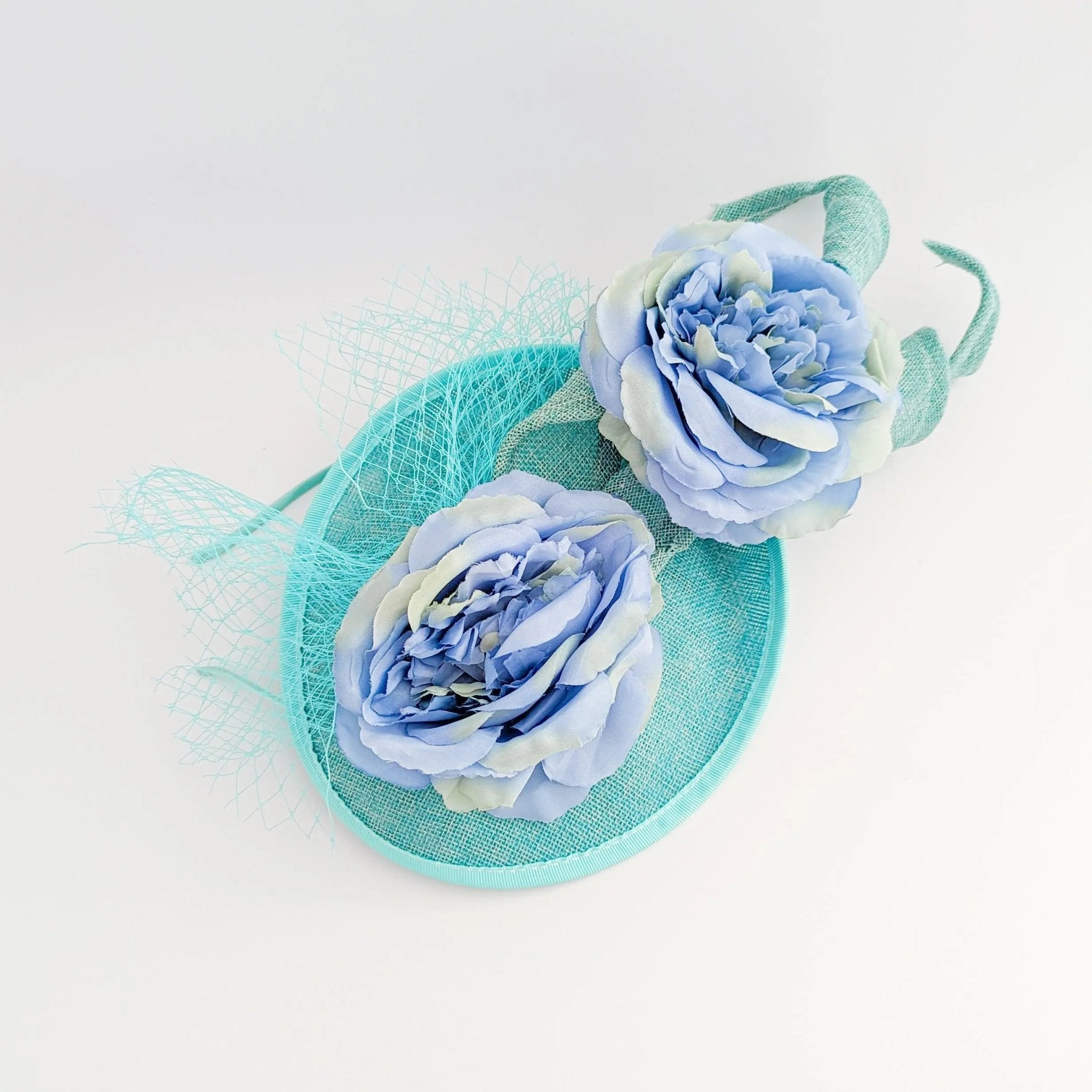 Aqua sky blue flower fascinator disc saucer hat - House of Hats