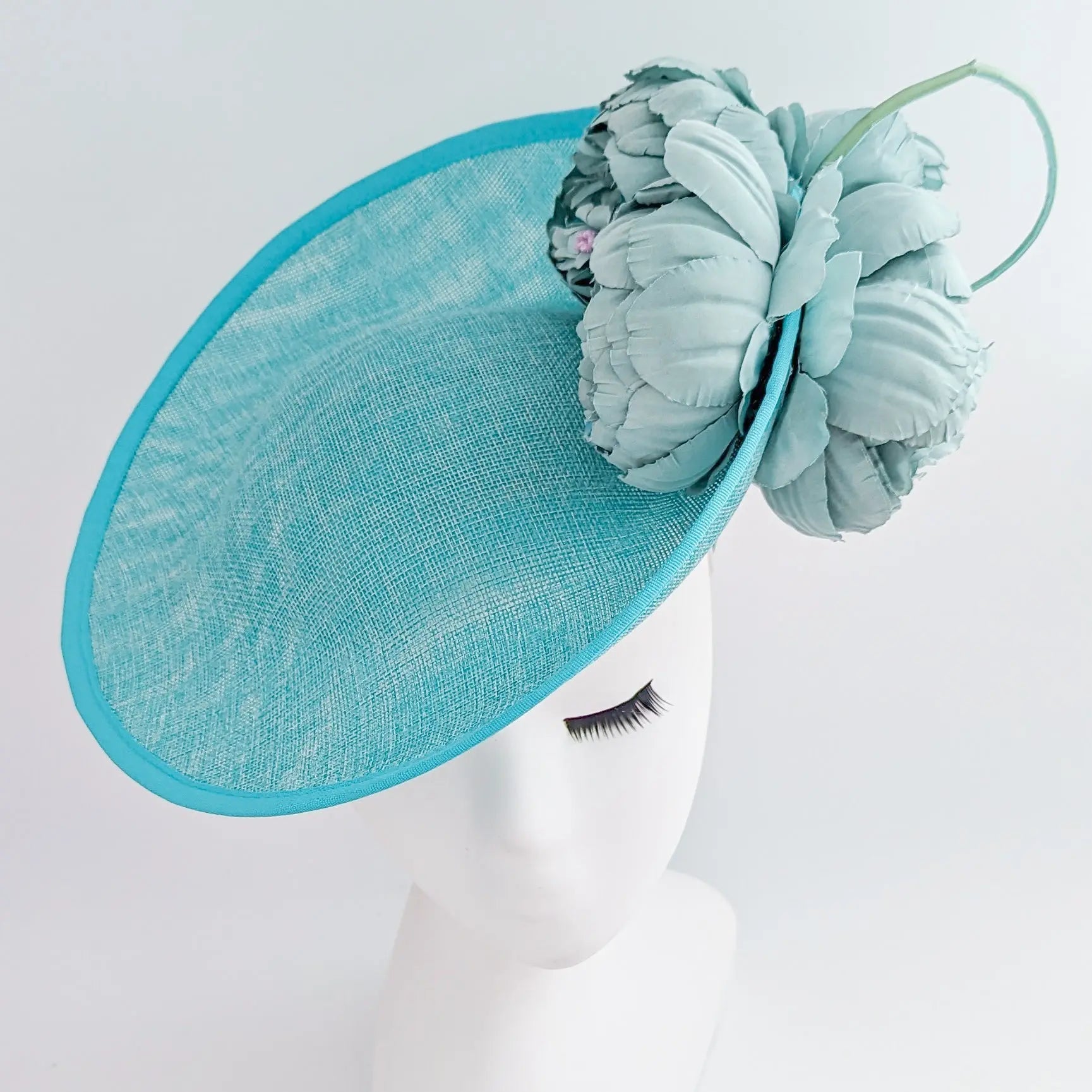 Aqua sky blue large flower saucer disc fascinator hat - House of Hats