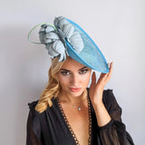 Aqua sky blue large flower saucer disc fascinator hat - House of Hats
