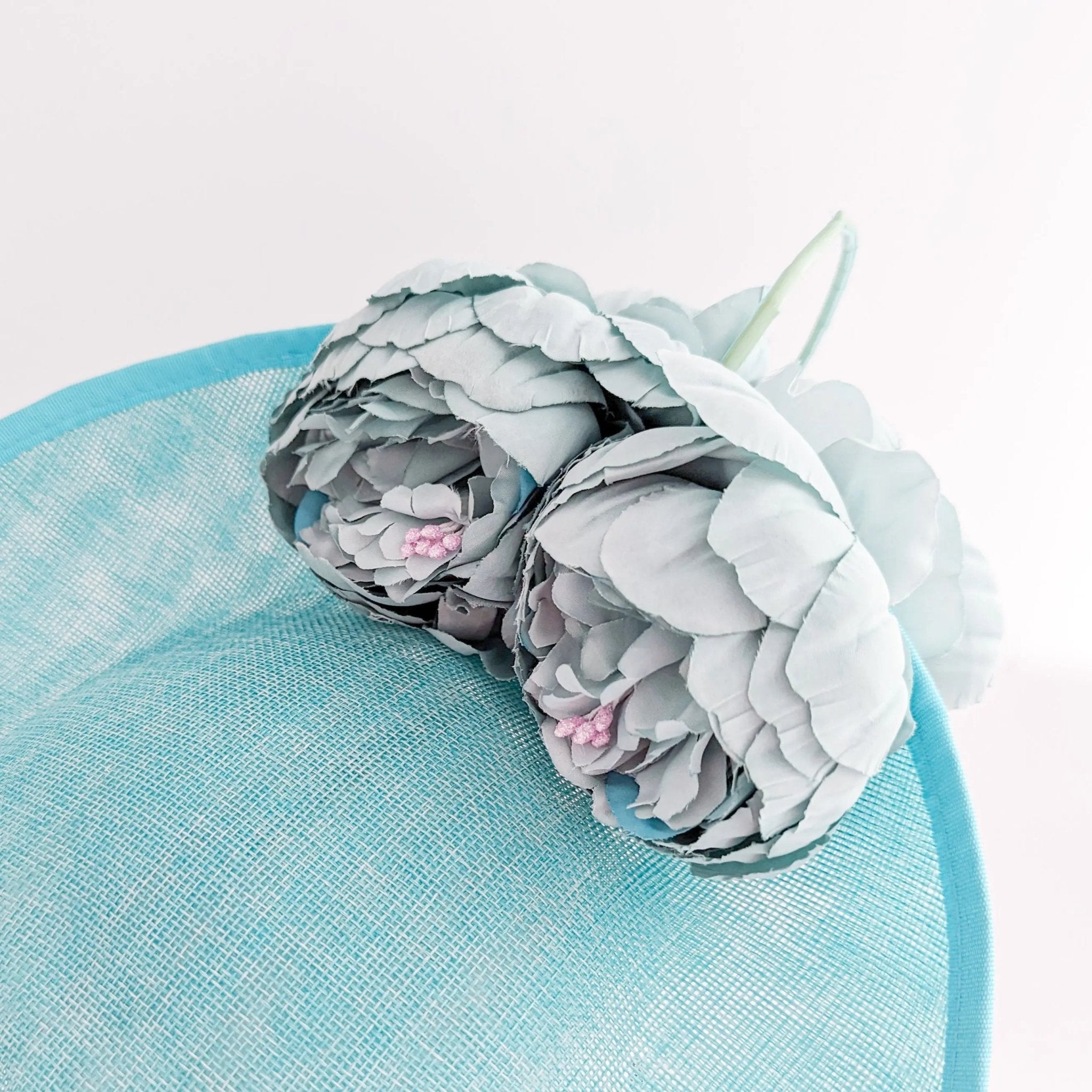 Aqua sky blue large flower saucer disc fascinator hat - House of Hats