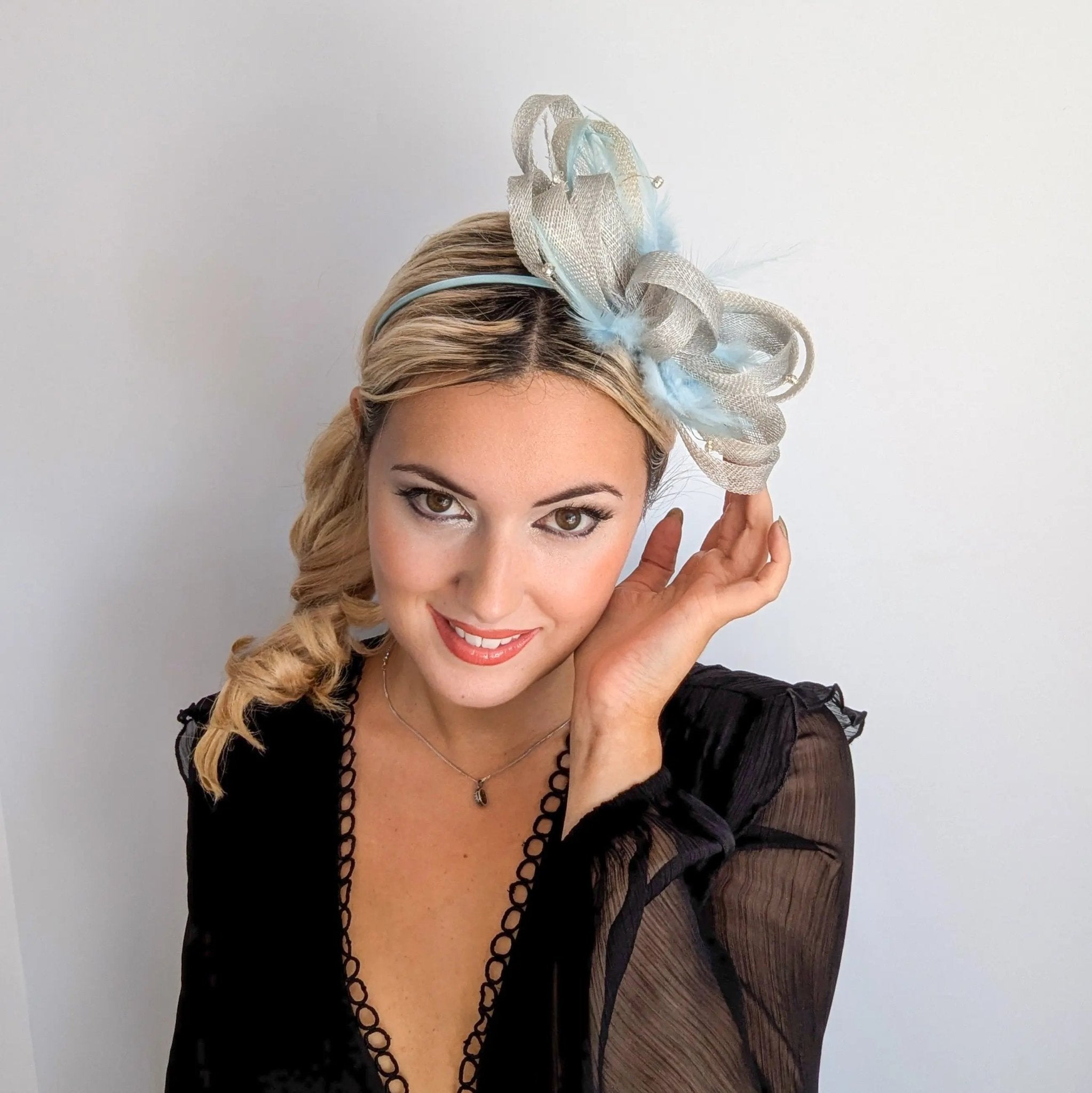 Aquamarine blue crystal feather fascinator hat - House of Hats