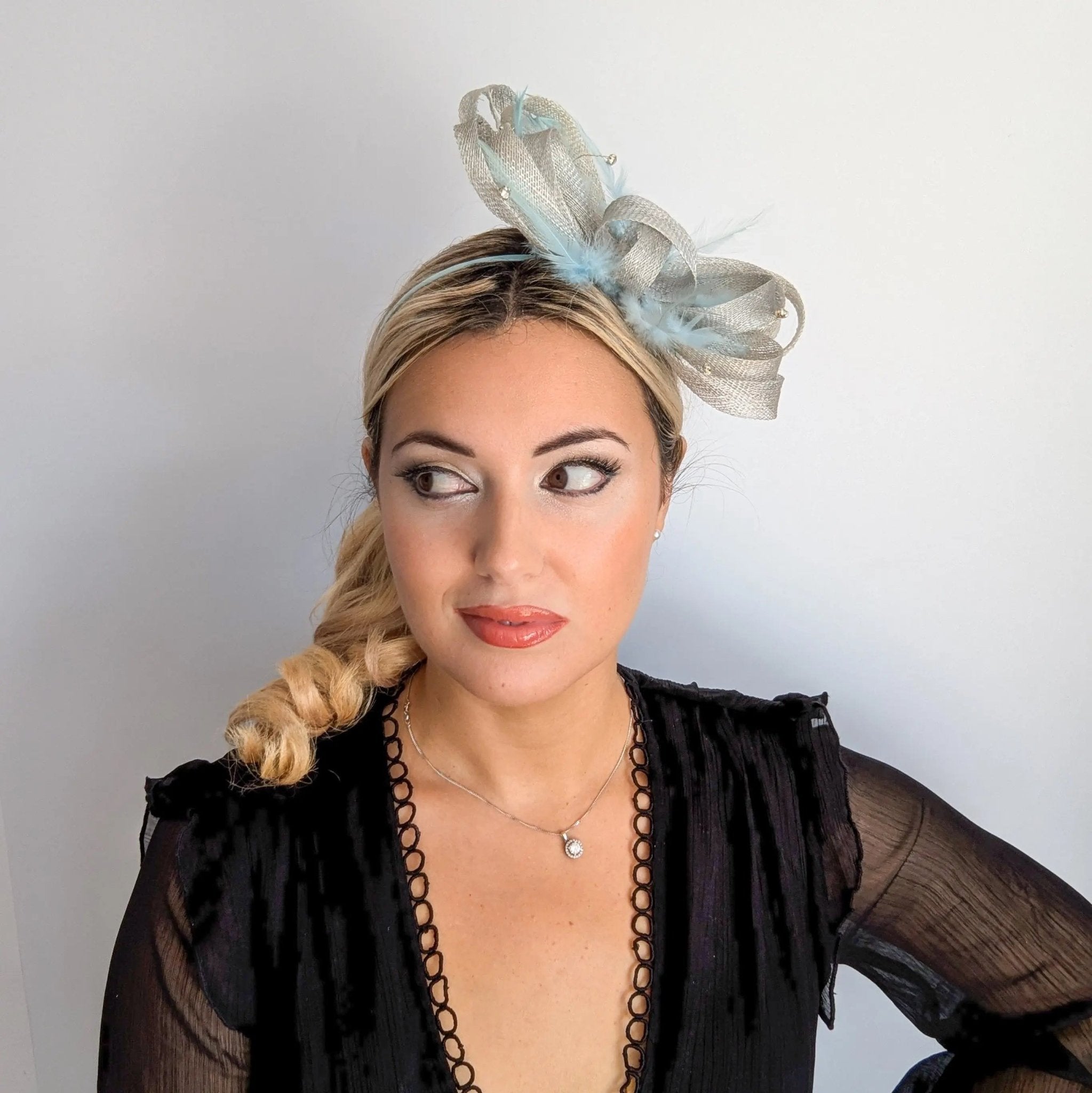Aquamarine blue crystal feather fascinator hat - House of Hats