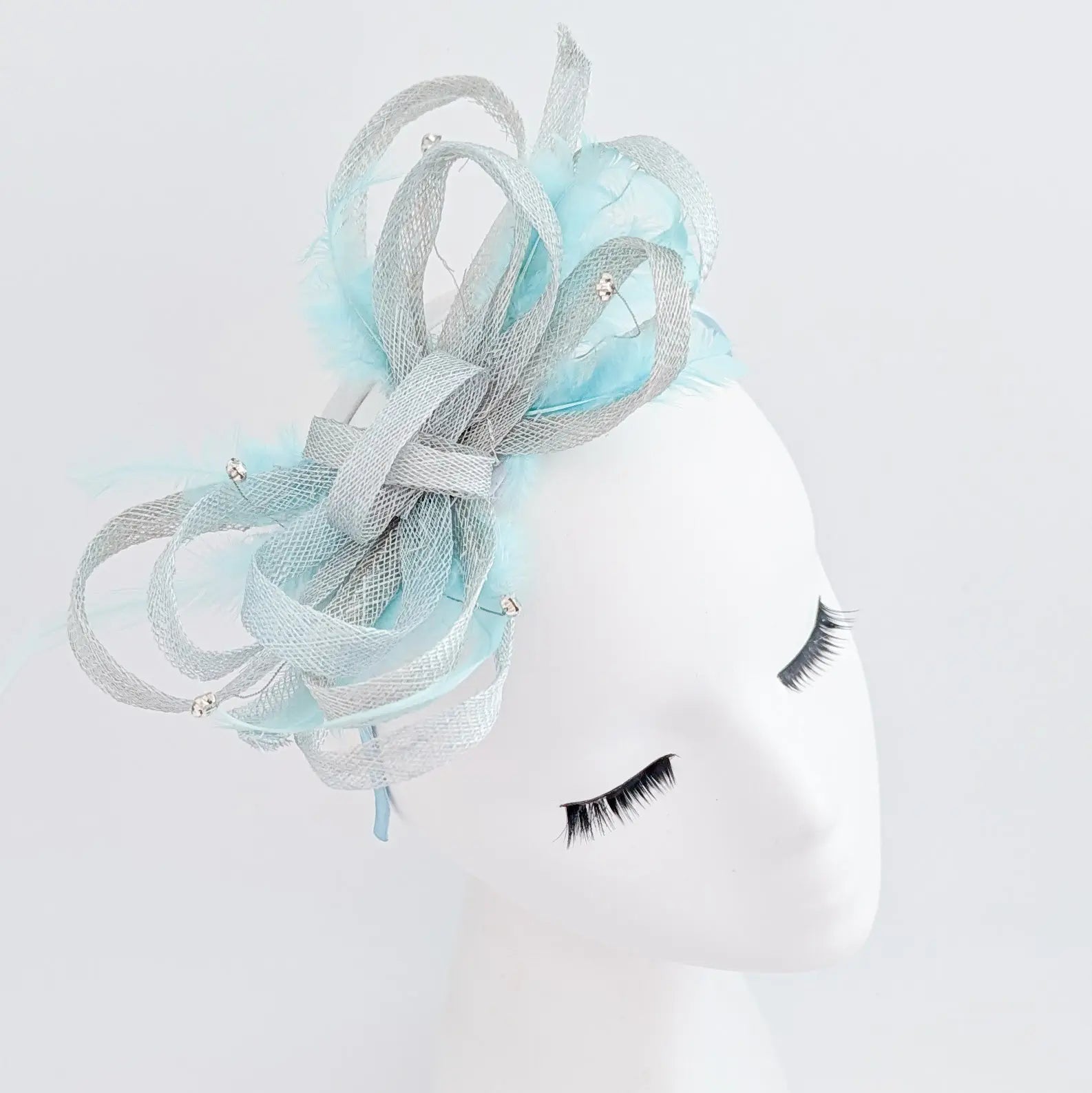 Aquamarine blue crystal feather fascinator hat - House of Hats