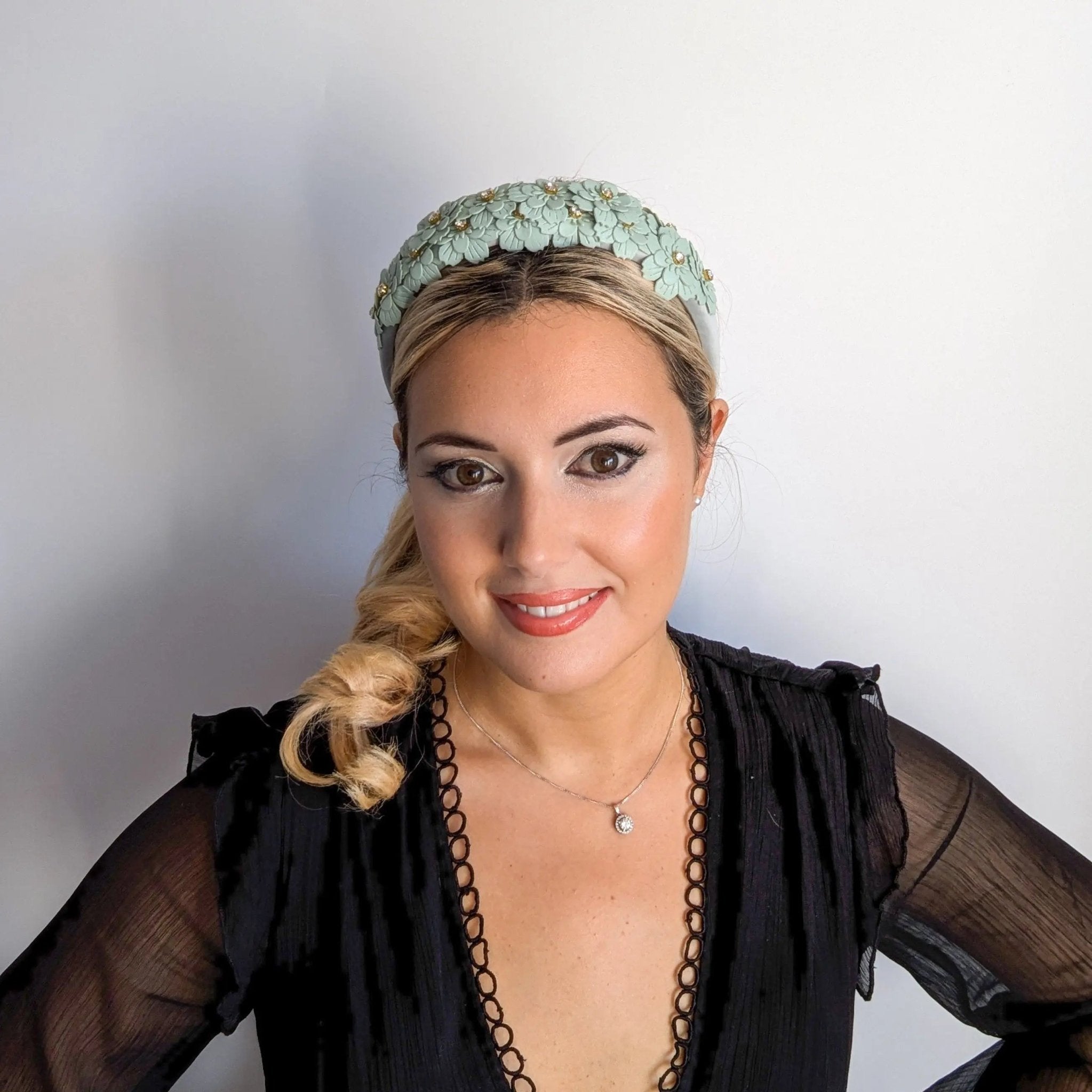 Aquamarine blue crystal flower headband fascinator - House of Hats