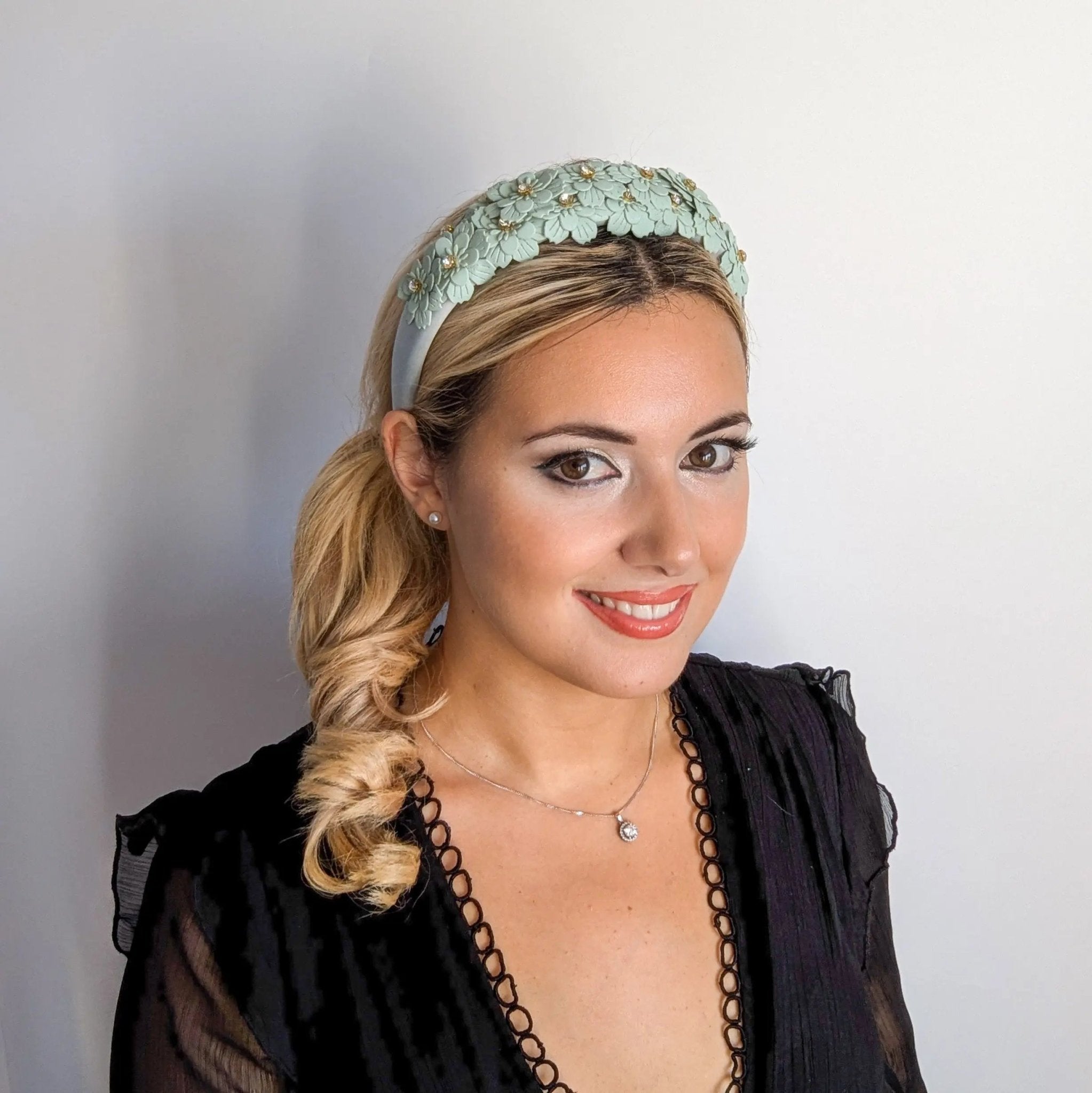 Aquamarine blue crystal flower headband fascinator - House of Hats