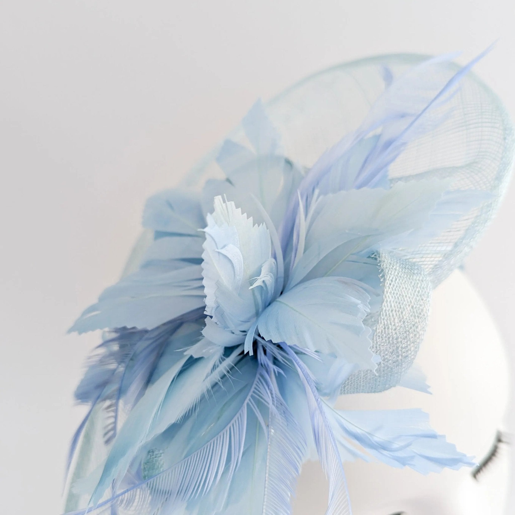 Aquamarine blue feather large teardrop fascinator hat - House of Hats