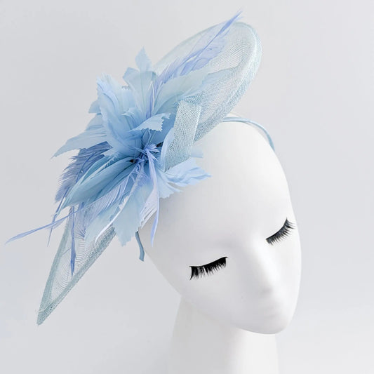 Aquamarine blue feather large teardrop fascinator hat - House of Hats