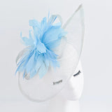Aquamarine blue feather large teardrop fascinator hat - House of Hats