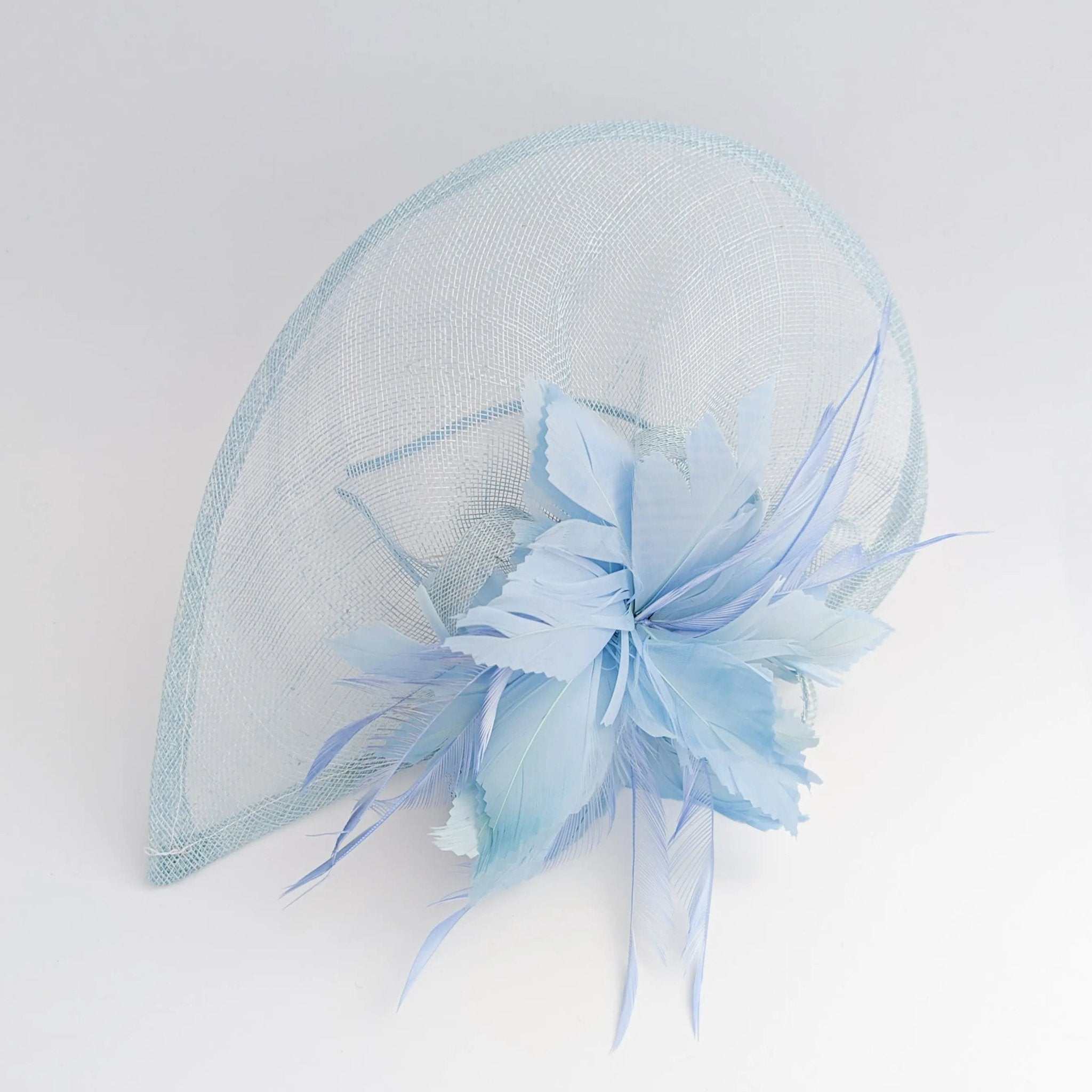 Aquamarine blue feather large teardrop fascinator hat - House of Hats