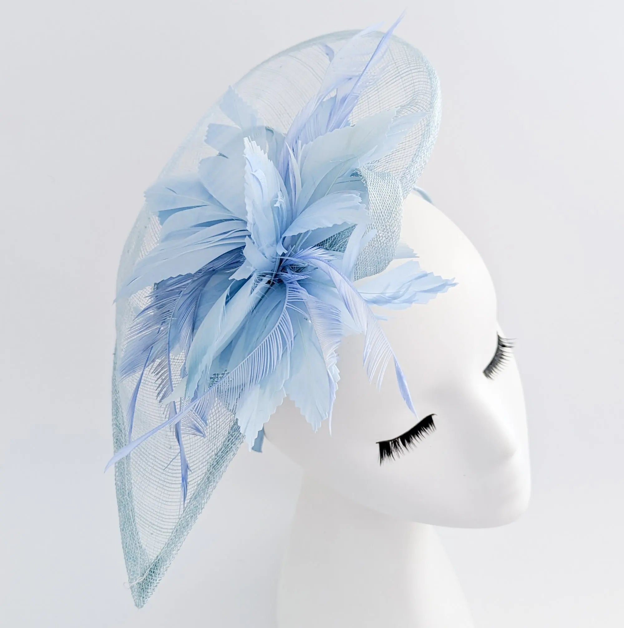 Aquamarine blue feather large teardrop fascinator hat - House of Hats