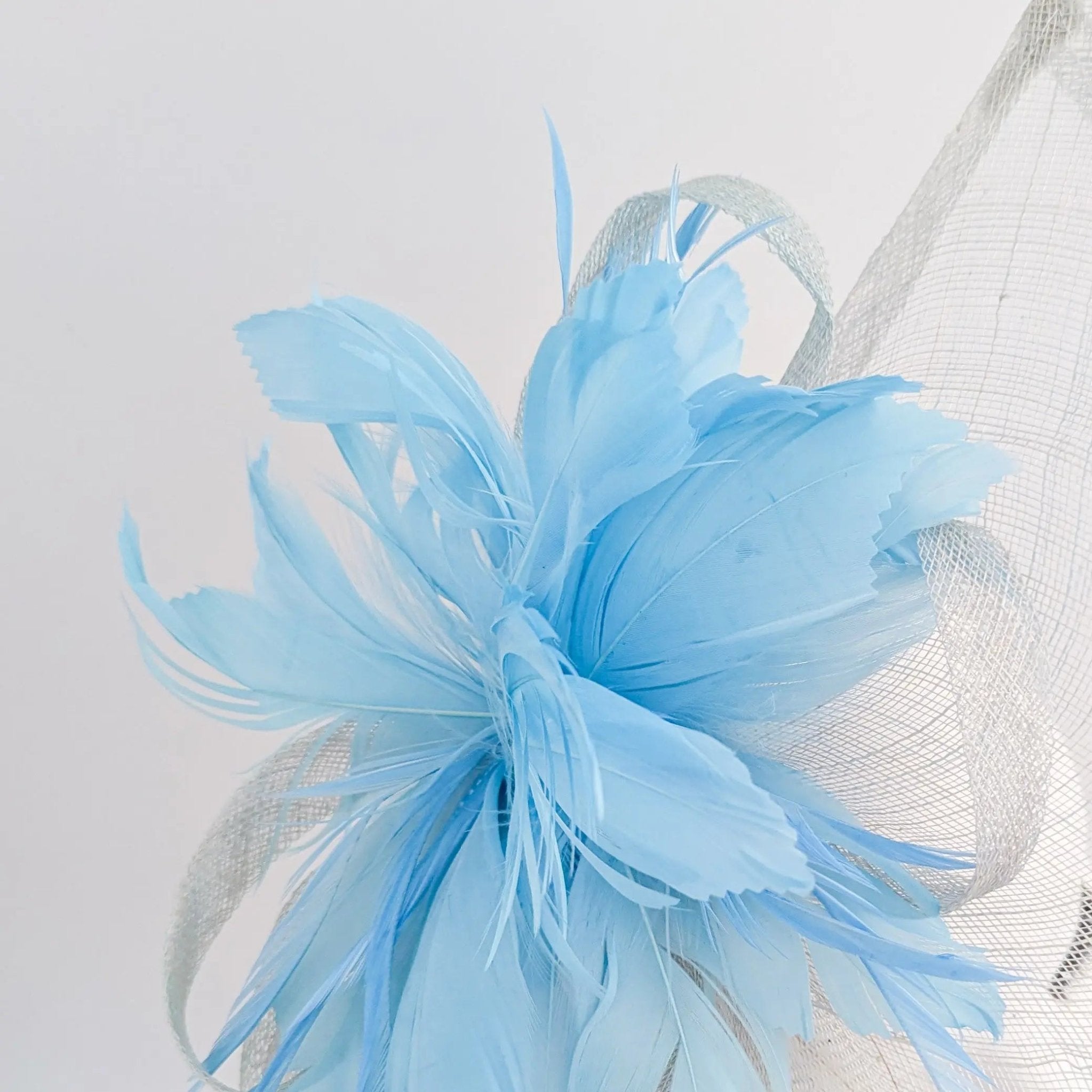 Aquamarine blue feather large teardrop fascinator hat - House of Hats