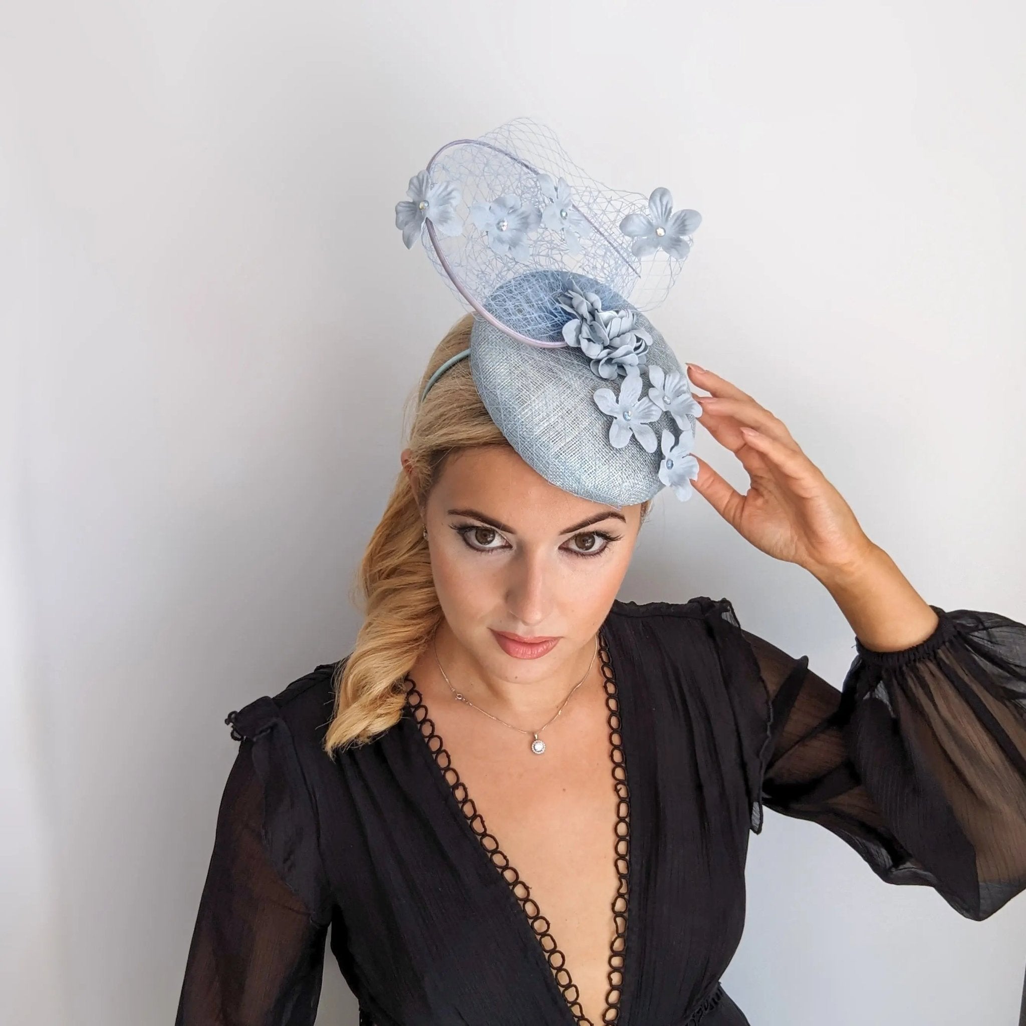 Aquamarine blue flower fascinator hat - House of Hats