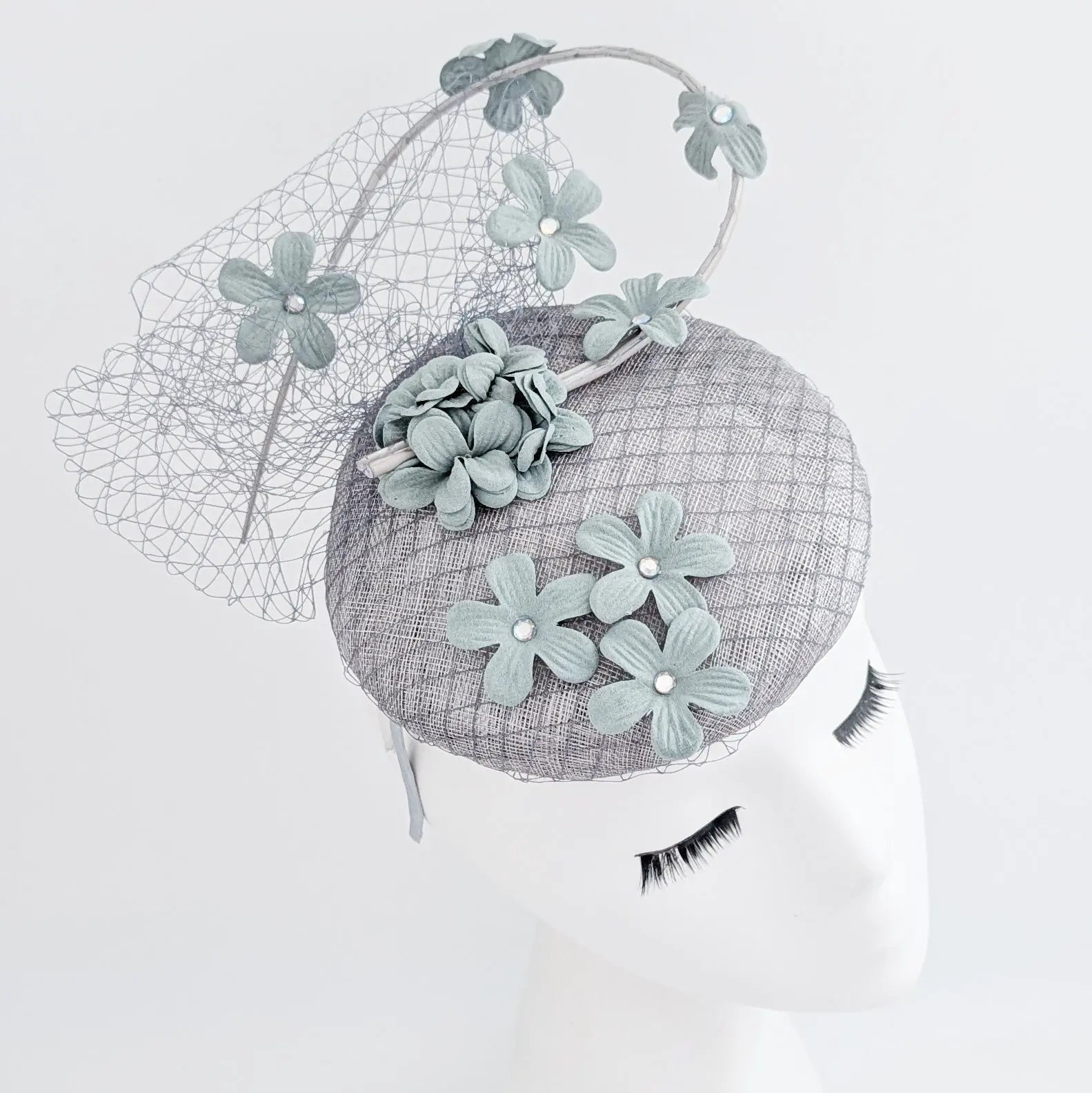 Aquamarine grey blue flower fascinator hat - House of Hats