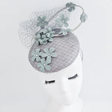 Aquamarine grey blue flower fascinator hat - House of Hats