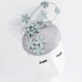 Aquamarine grey blue flower fascinator hat - House of Hats