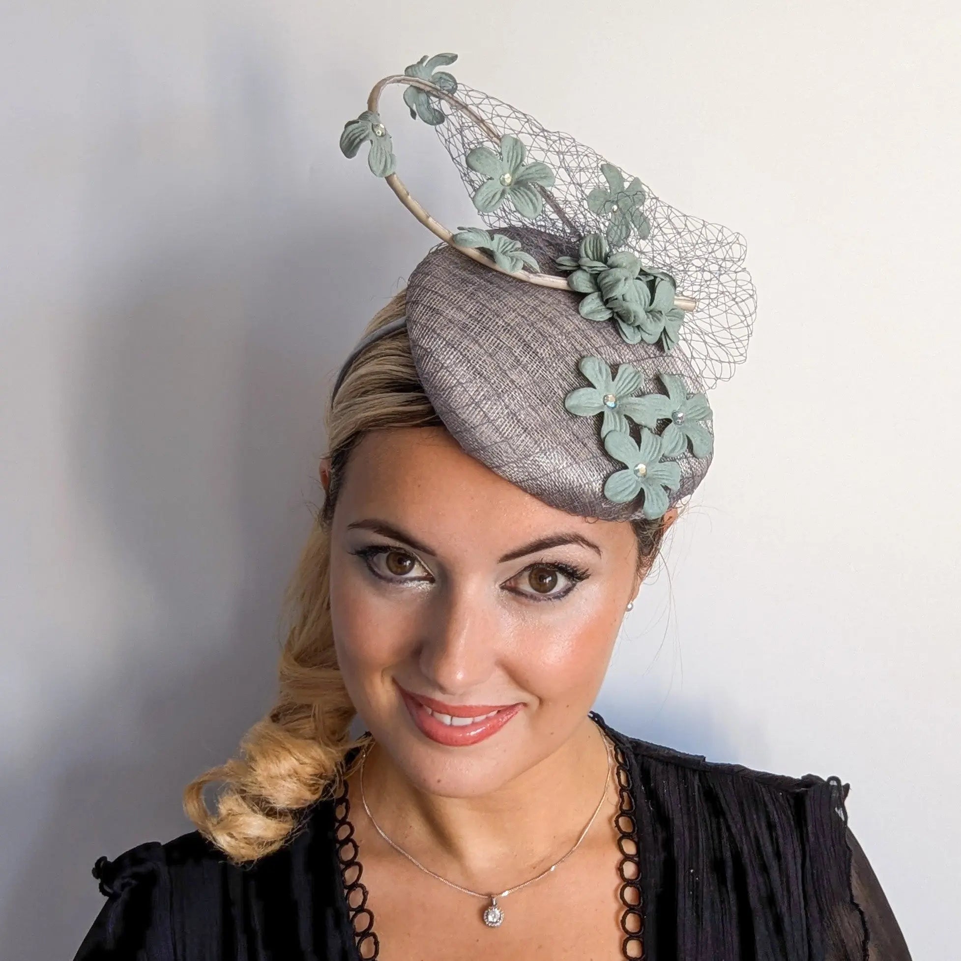 Aquamarine grey blue flower fascinator hat - House of Hats