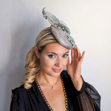 Aquamarine grey blue flower fascinator hat - House of Hats