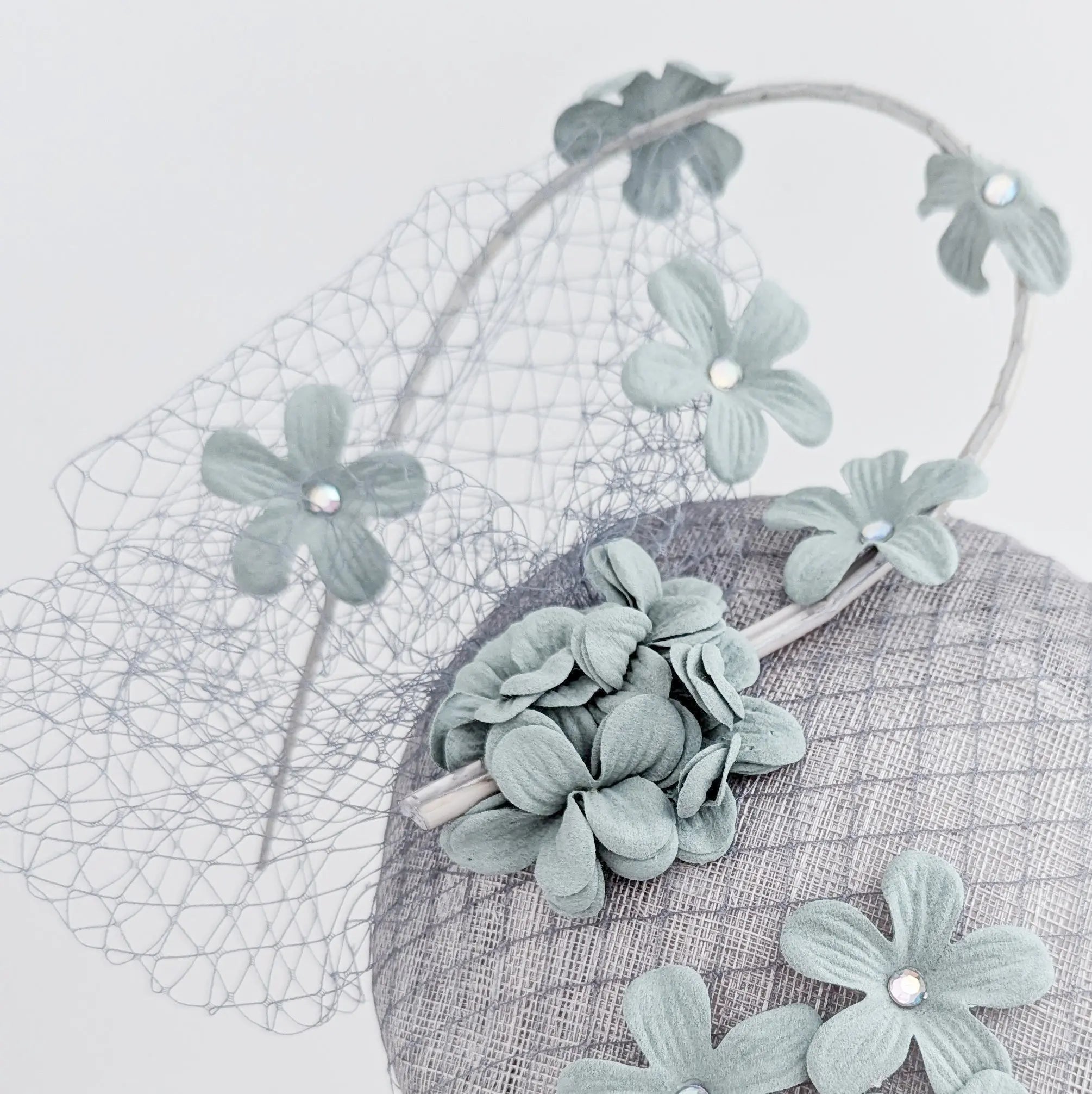 Aquamarine grey blue flower fascinator hat - House of Hats