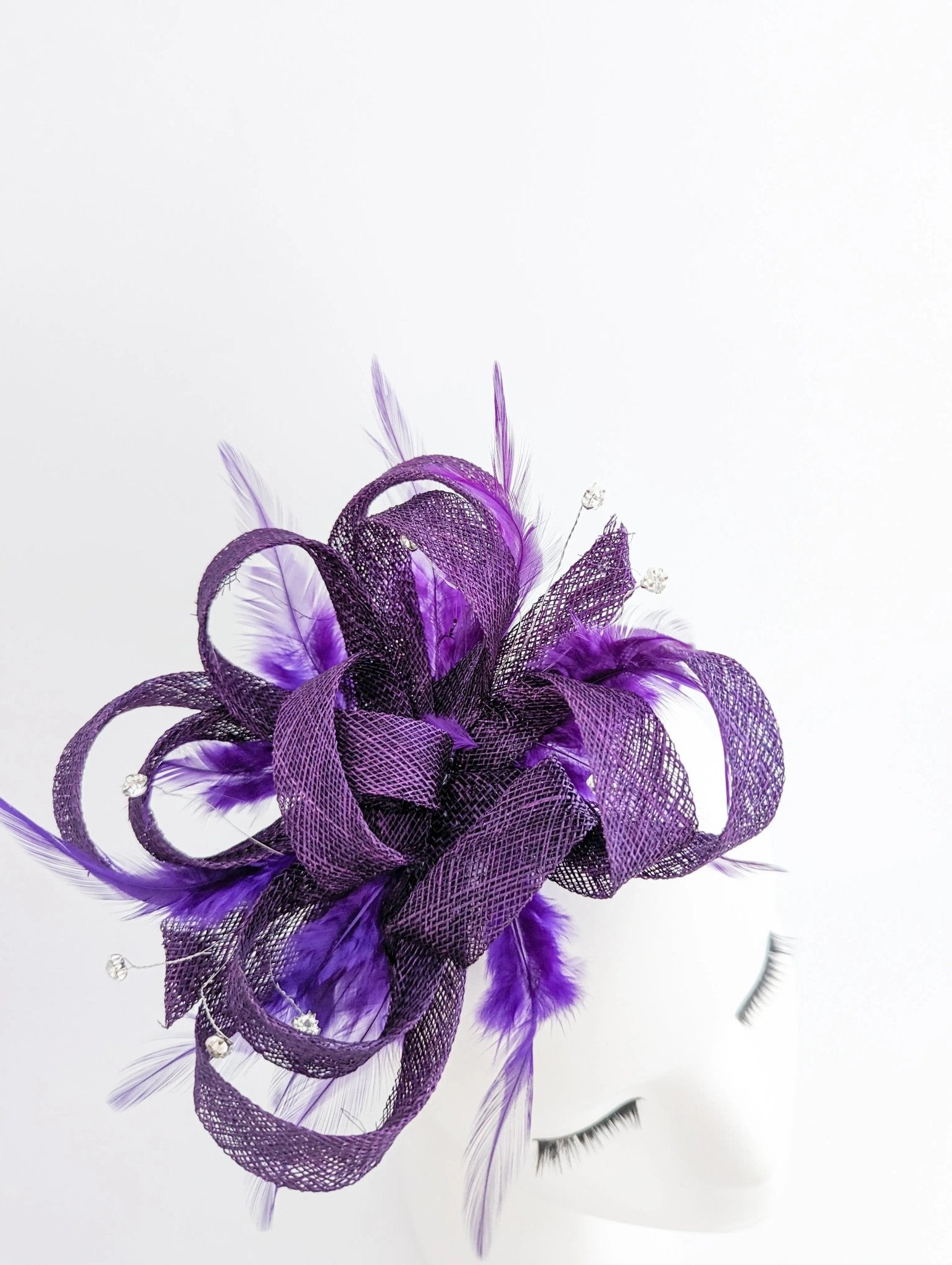 Aubergine cadbury purple crystal feather fascinator hat - House of Hats