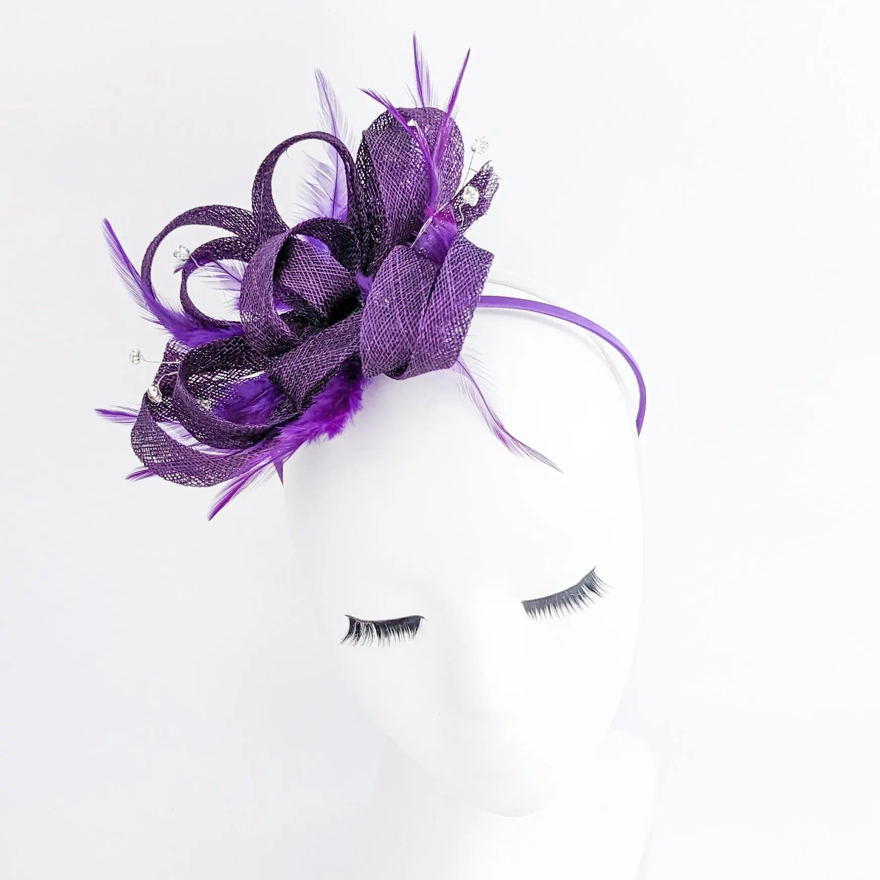 Aubergine cadbury purple crystal feather fascinator hat - House of Hats