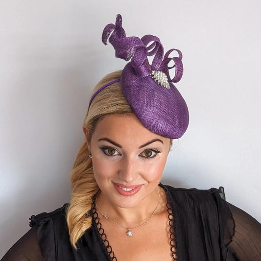 Aubergine purple pearl fascinator hat - House of Hats
