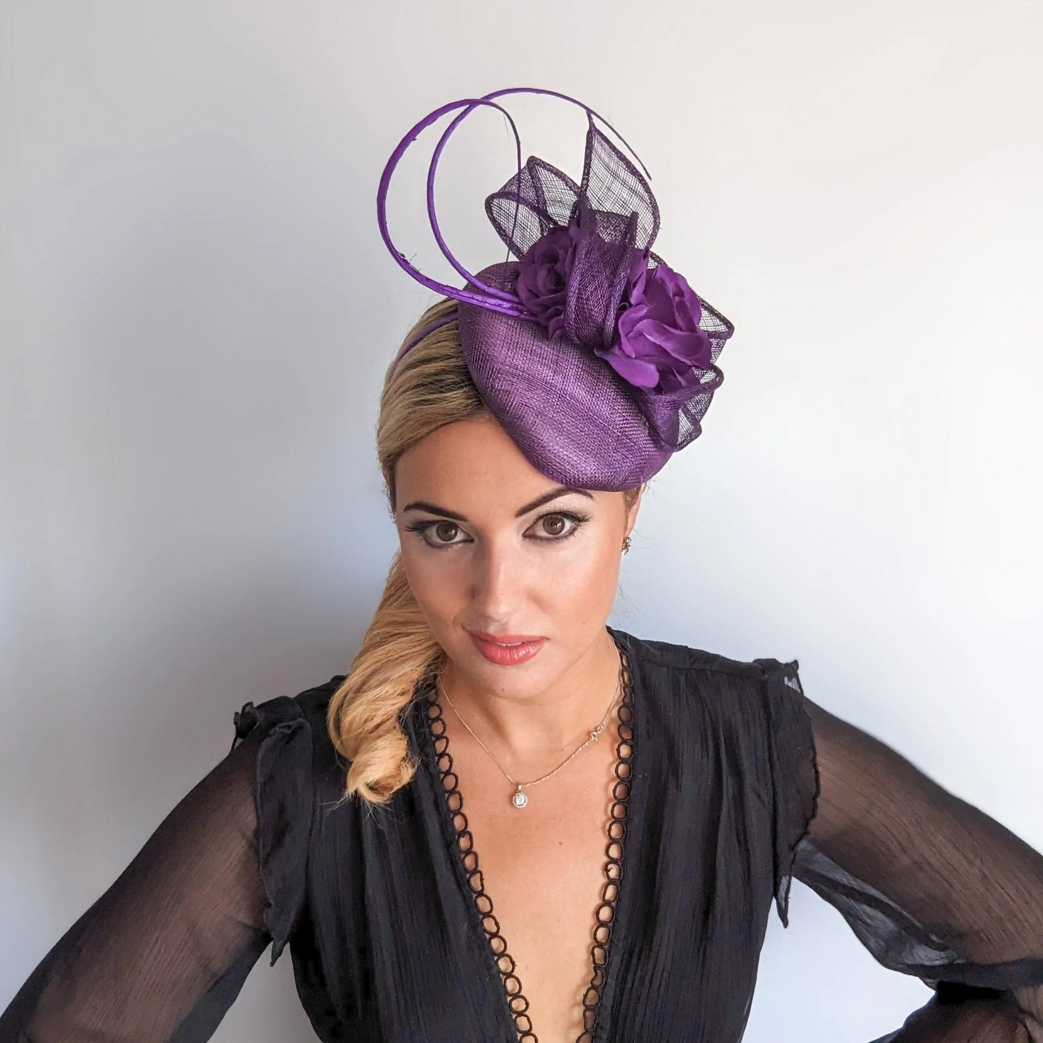 Aubergine royal purple flower fascinator hat - House of Hats