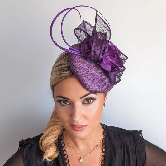 Aubergine royal purple flower fascinator hat - House of Hats