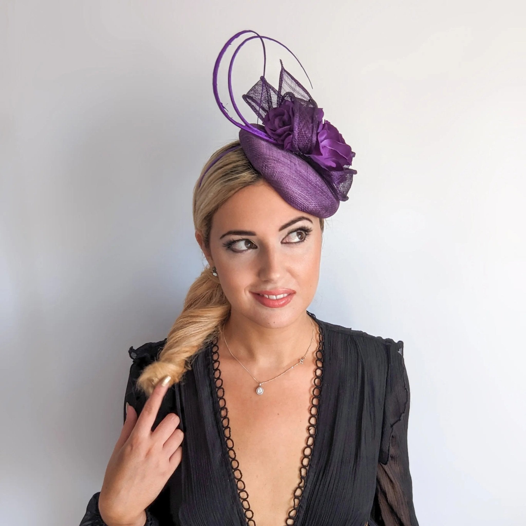 Aubergine royal purple flower fascinator hat - House of Hats