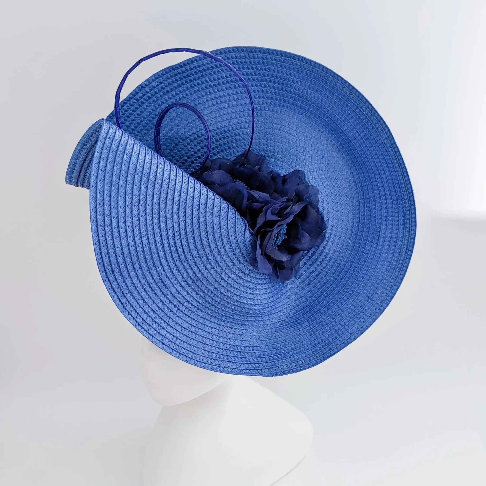 Azure blue large woven straw flower fascinator hat - House of Hats