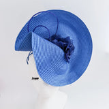 Azure blue large woven straw flower fascinator hat - House of Hats
