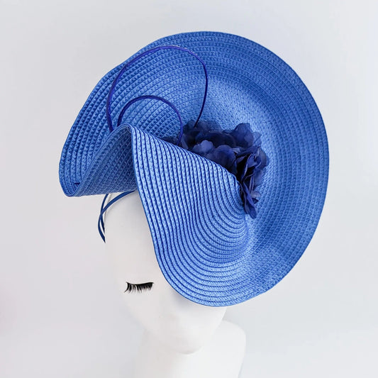 Azure blue large woven straw flower fascinator hat - House of Hats