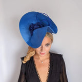 Azure blue large woven straw flower fascinator hat - House of Hats