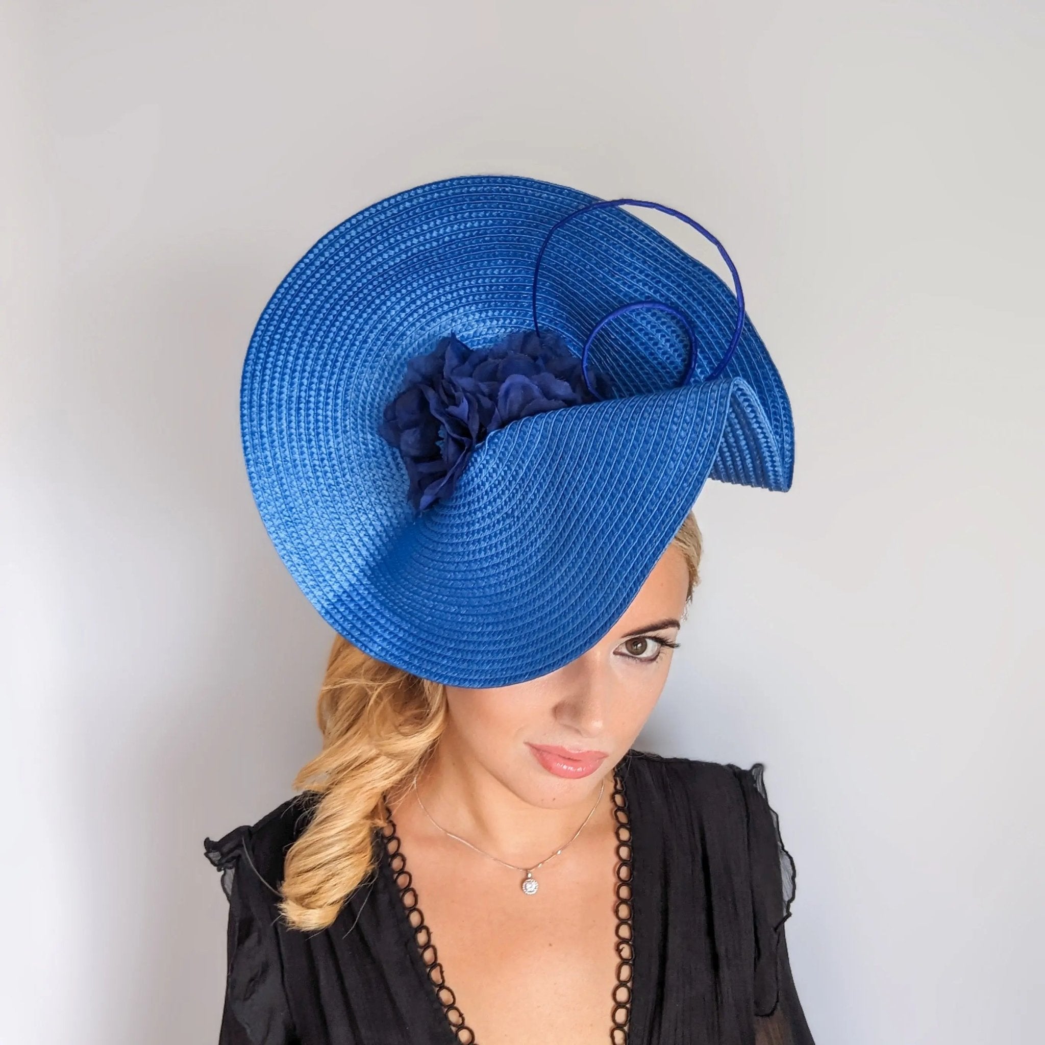 Azure blue large woven straw flower fascinator hat - House of Hats