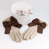 Beige brown bow soft winter touch screen gloves - House of Hats