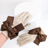 Beige brown bow soft winter touch screen gloves - House of Hats