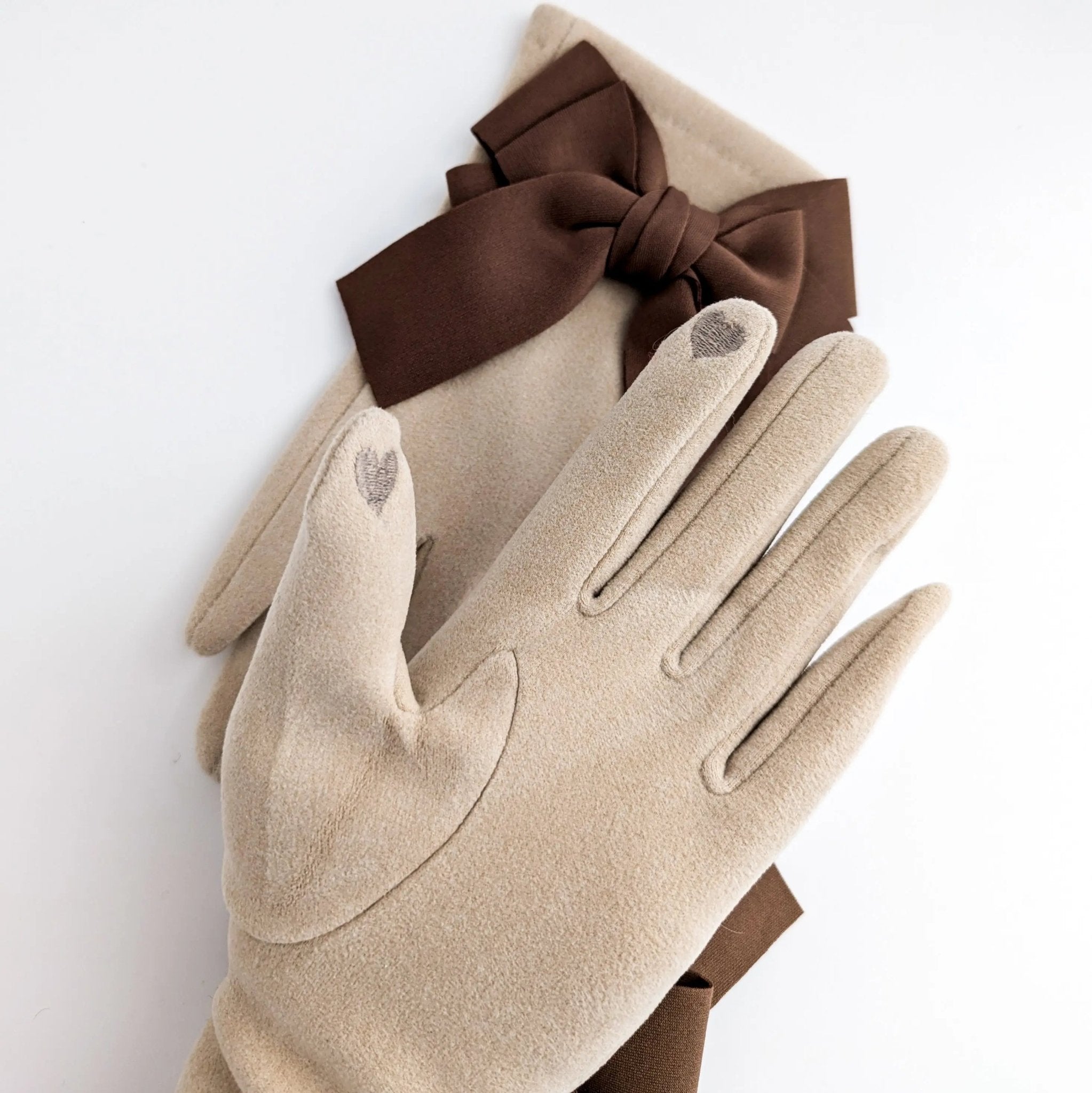 Beige brown bow soft winter touch screen gloves - House of Hats