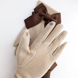 Beige brown bow soft winter touch screen gloves - House of Hats