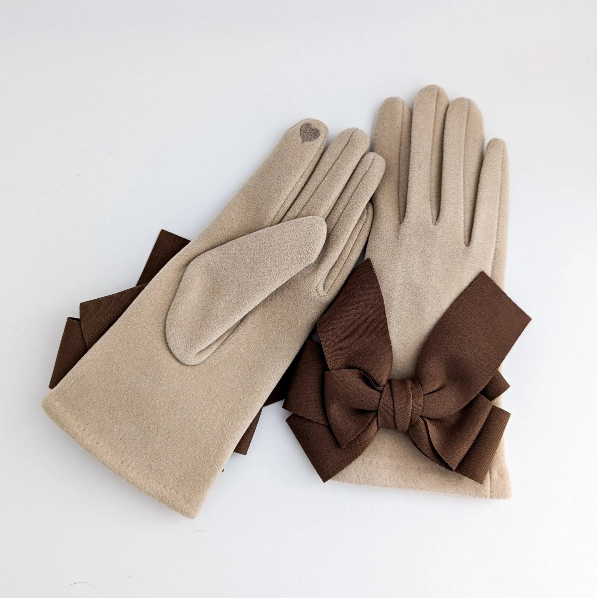 Beige brown bow soft winter touch screen gloves - House of Hats