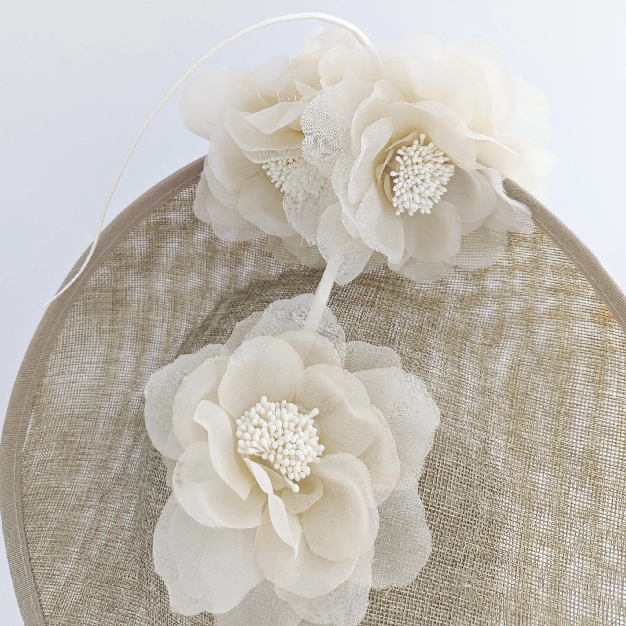 Beige large flower saucer disc fascinator hat - House of Hats