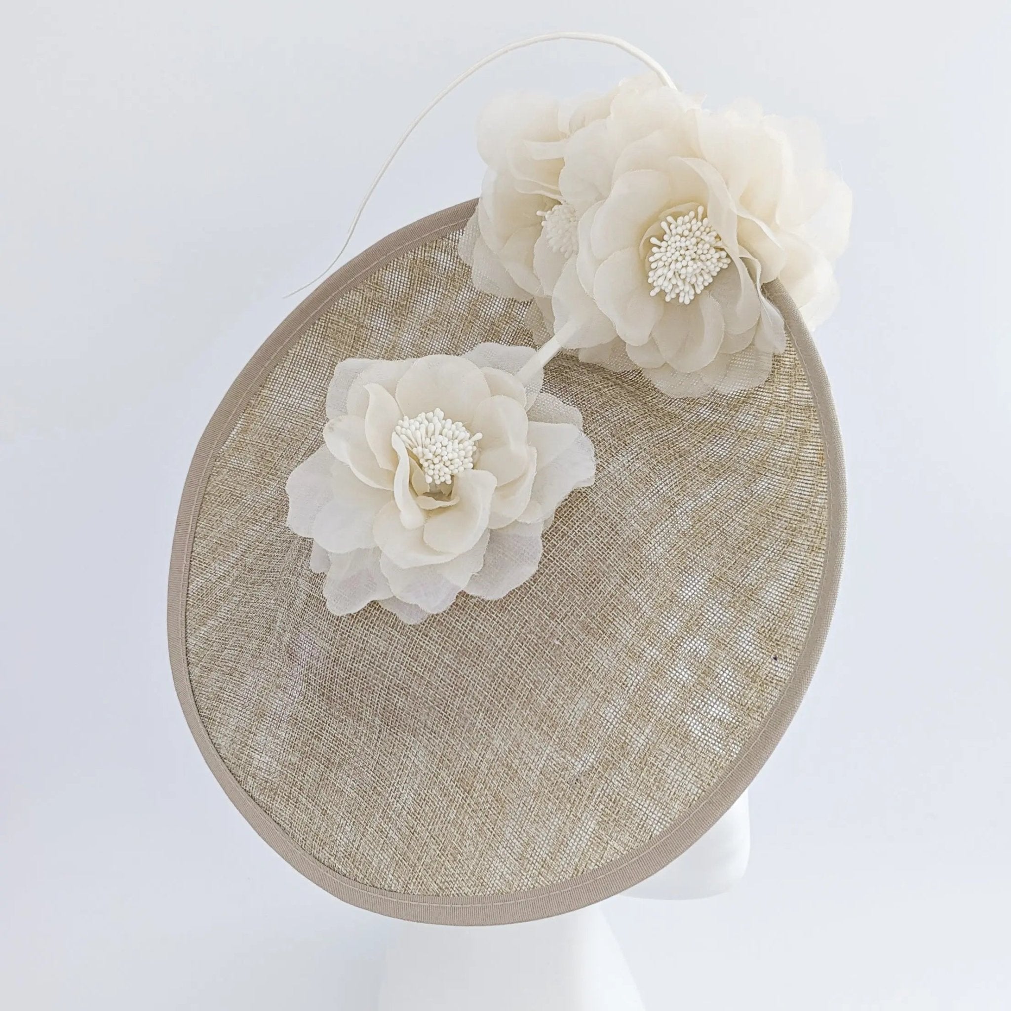 Beige large flower saucer disc fascinator hat - House of Hats