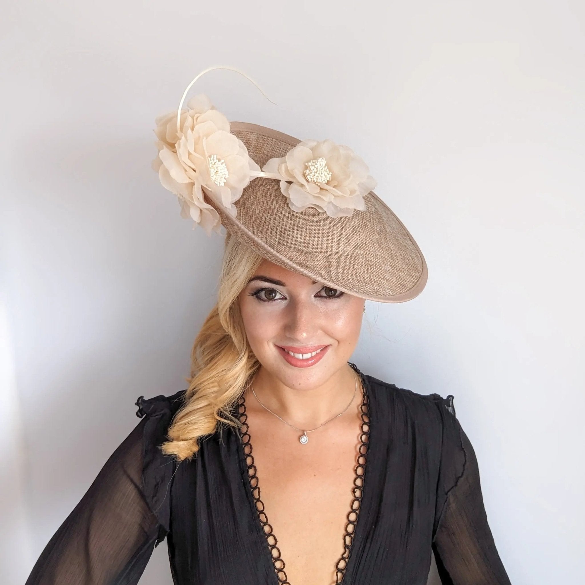 Beige large flower saucer disc fascinator hat - House of Hats
