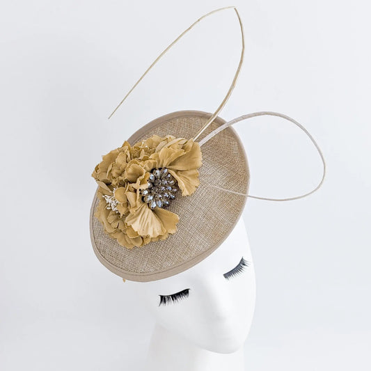 Beige toffee flower disc saucer fascinator hat - House of Hats
