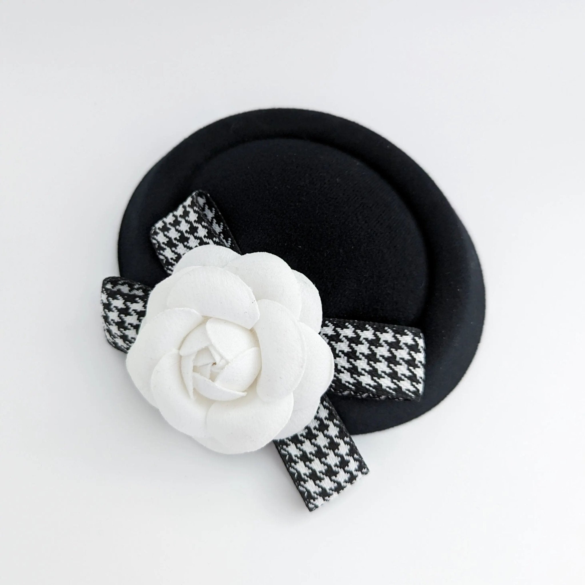 Black and white camellia flower small pillbox fascinator hat - House of Hats