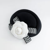 Black and white camellia flower small pillbox fascinator hat - House of Hats