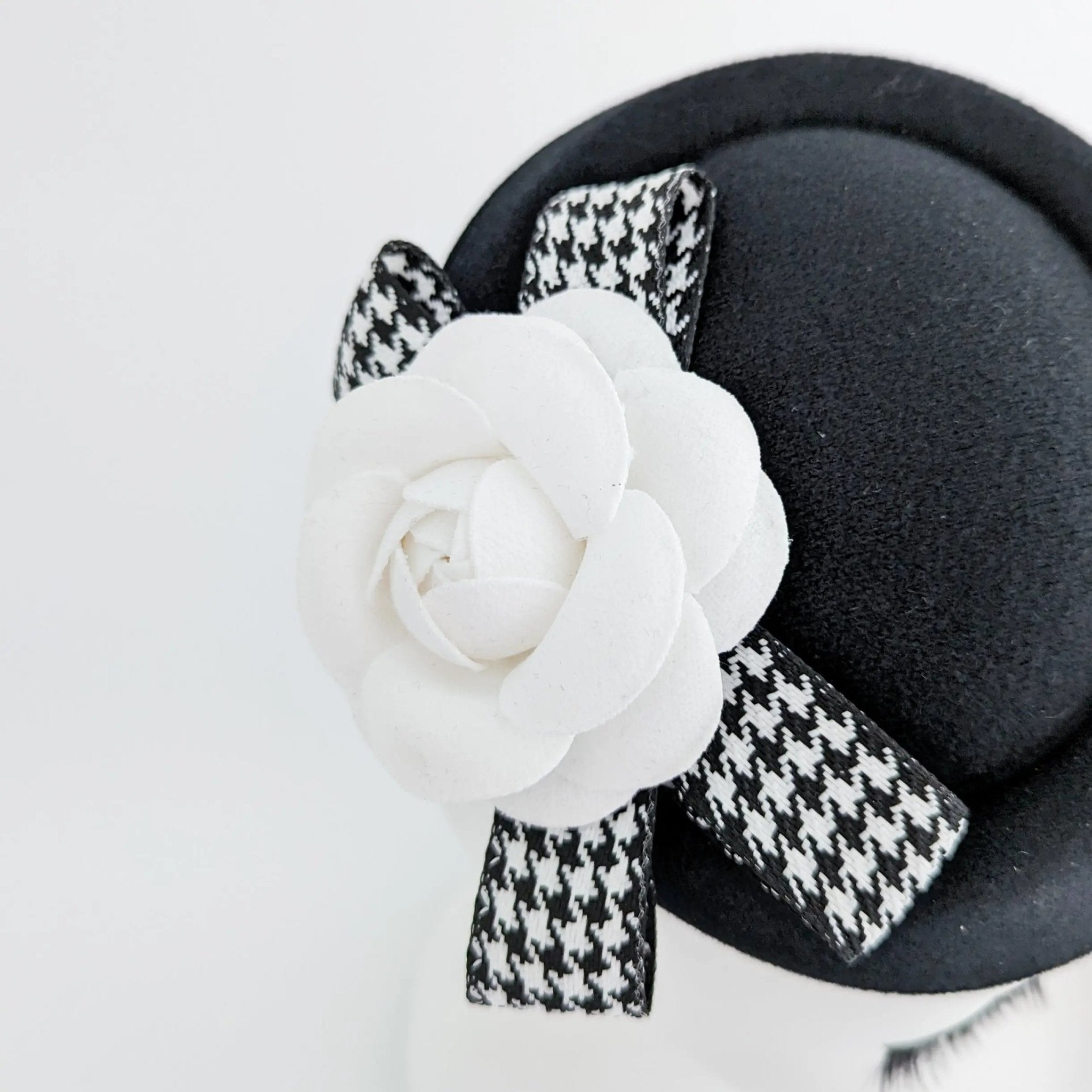 Black and white camellia flower small pillbox fascinator hat - House of Hats