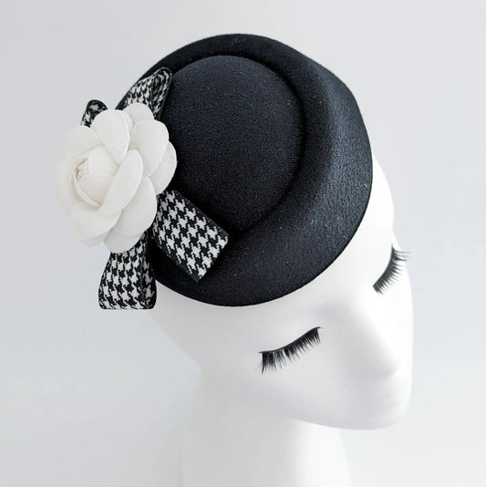 Black and white camellia flower small pillbox fascinator hat - House of Hats