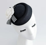 Black and white camellia flower small pillbox fascinator hat - House of Hats