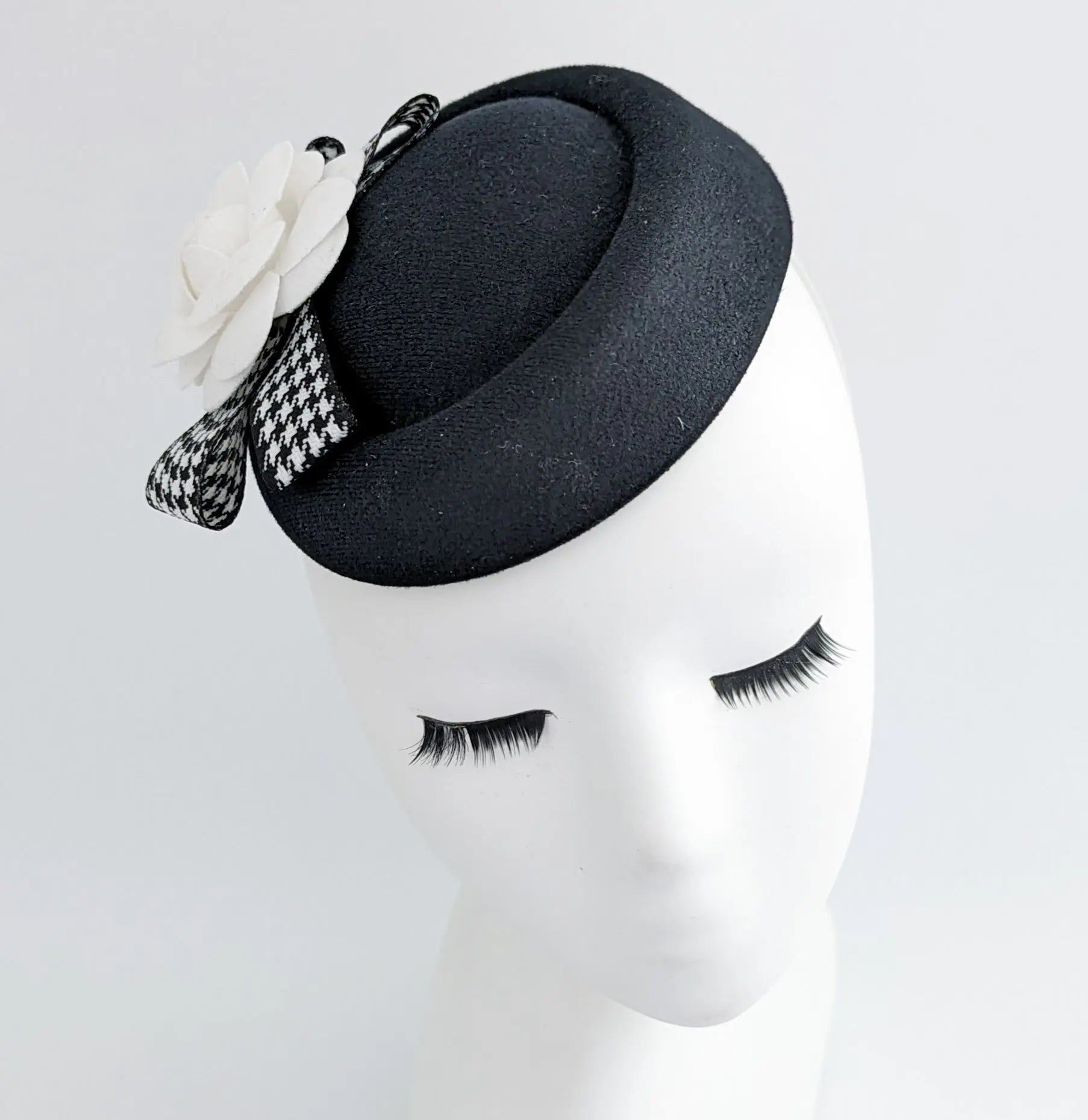 Black and white camellia flower small pillbox fascinator hat - House of Hats