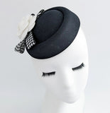 Black and white camellia flower small pillbox fascinator hat - House of Hats