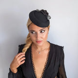 Black camellia flower small pillbox fascinator hat - House of Hats